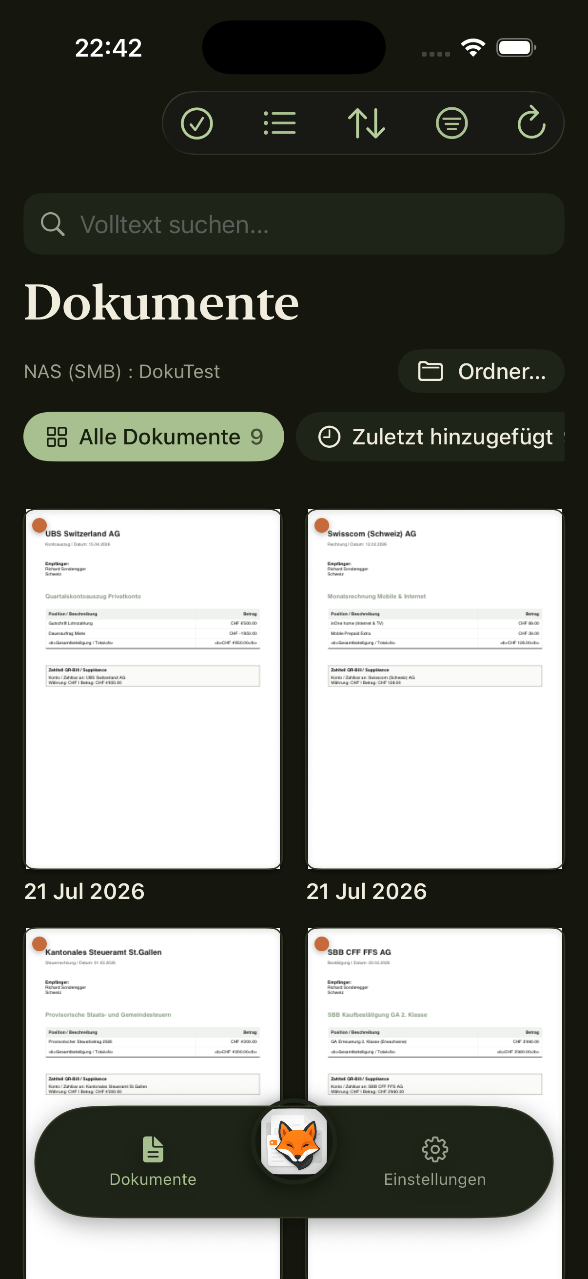 ZeroPaper iOS Dokumente Übersicht