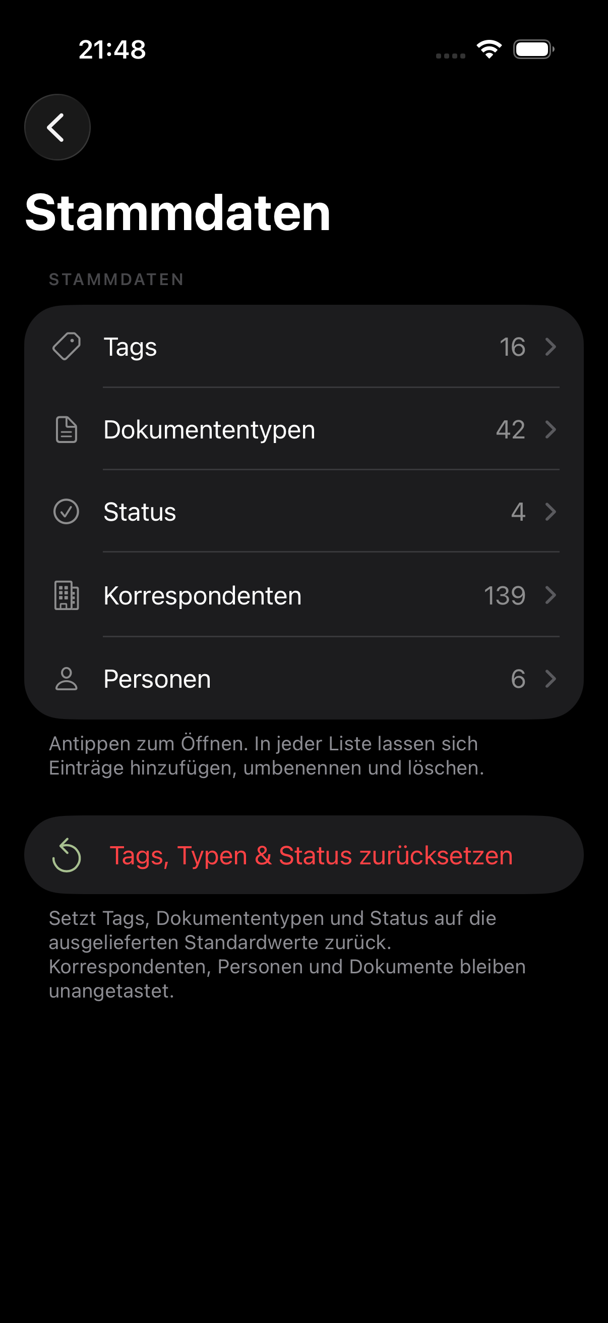 ZeroPaper iOS Stammdaten Verwaltung