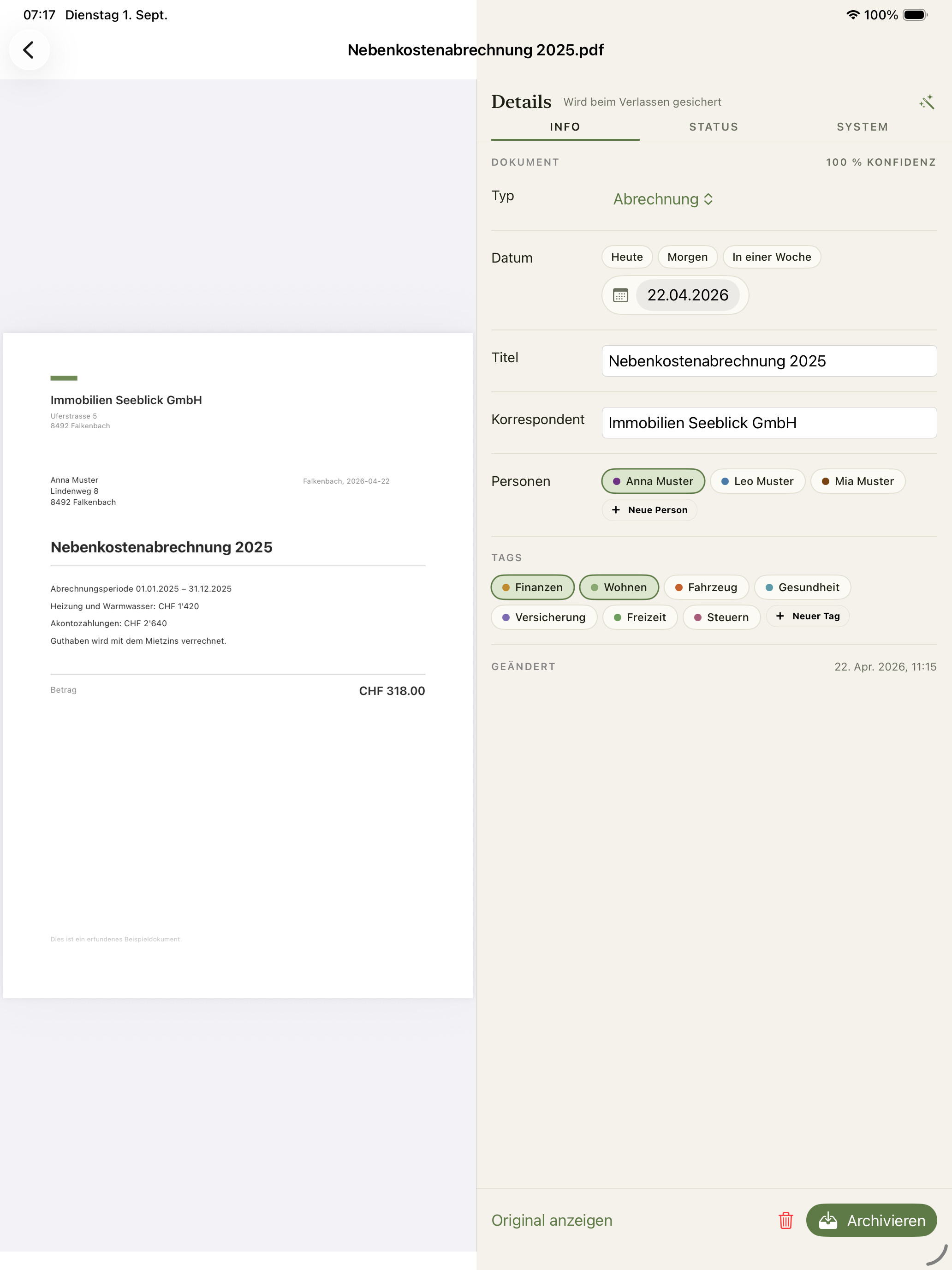 ZeroPaper auf dem iPad: PDF und Details nebeneinander